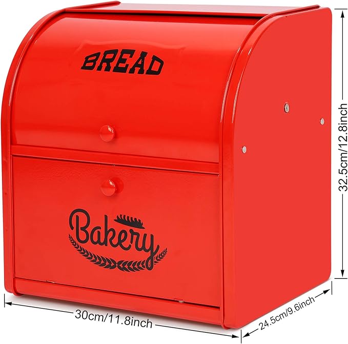 Widousy 2 Layer Metal Bread Boxes, Bread Box Storage Bin Kitchen Container with Roll Top Lid Iron Countertop Containers Metal Food Storage Bread Keeper Large Capacity Home Kitchen Counter（Red）