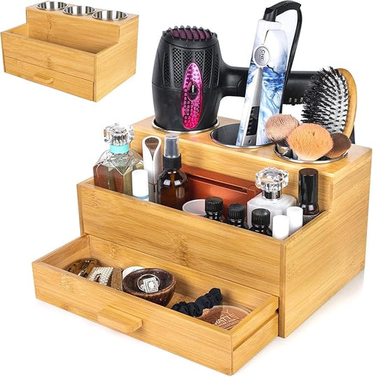 Hair Tool Organizer, Wooden | Bathroom Countertop, Heat-Safe Stainless Steel Cups, Professional Bamboo Styling Station