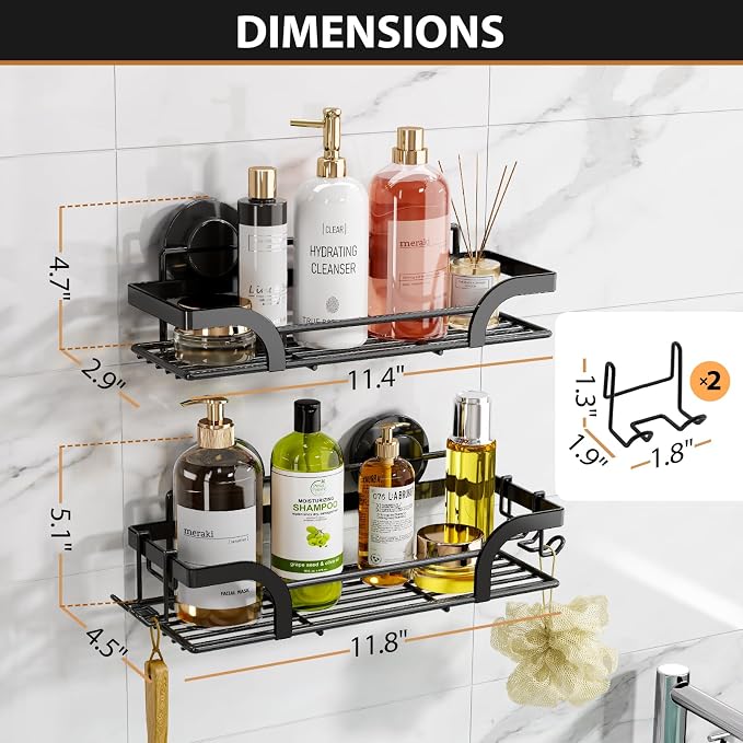 LEVERLOC Shower Caddy Suction Cup, 2 Pack Shower Shelves for Inside, Black Rustproof Metal Bathroom Storage NO-Drilling Bathroom Organizer with Large Capacity, Heavy Duty Storage Basket