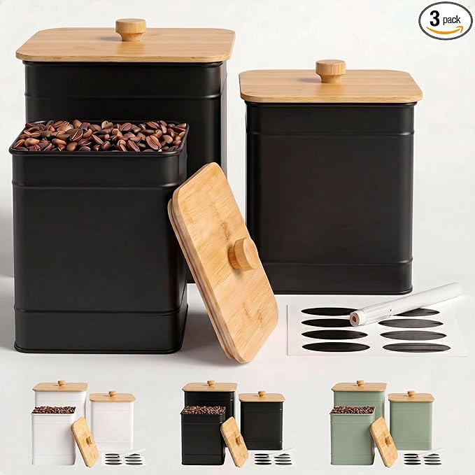 Kitchen Canisters for Countertop Set of 3 with Customizable Chalkboard Labels & Marker Pen - Big Iron Kitchen Canisters with Airtight Lids - Black Canister Set - Flour and Sugar Containers Farmhouse