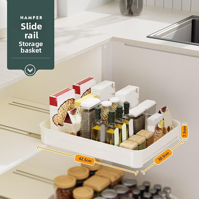 Pull Out Cabinet Organizer, Slide Out Drawer for Under Sink Storage, No Drill Sliding Tray with Rail, Bathroom Vanity Shelf