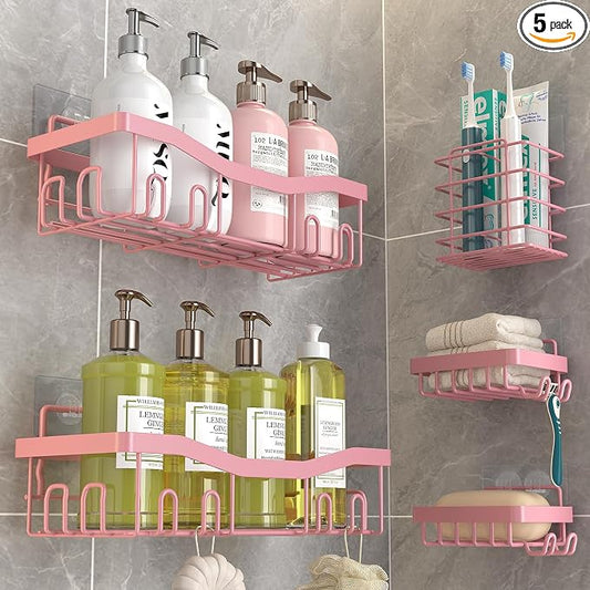 Youvip Adhesive Shower Caddy, No Drilling Bath Organizers 5 Pack, Rustproof Shelves with Soap Holder & Toothbrush Holder, Pink Bathroom Accessories Decor Set