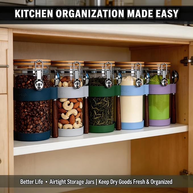 KKC 40oz Airtight Glass Coffee Canister with Bamboo Lid & Scoop - Clear Bean Storage Jar for Ground or Whole Beans, Preserves Freshness - Modern Coffee Bar Accessory