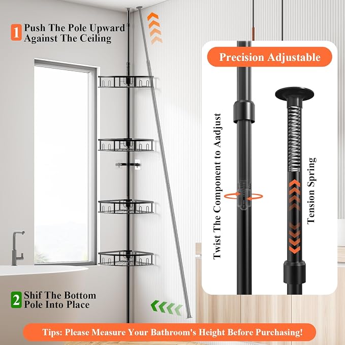4-Tier Rustproof Corner Shower Caddy with Tension Pole, 42-115 Inch Adjustable Height Shower Organizer, Shower Shelves with Hooks, Freestanding Bathroom Organizer - Black