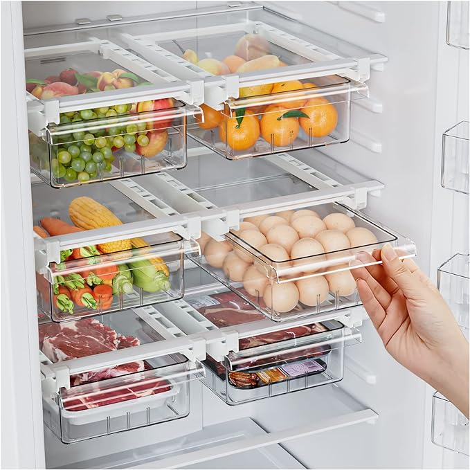 SNSLXH 2 Pack Refrigerator Drawer Organizer, Pull Out Shelf Storage Transparent Organizer for Egg, Fruit, Vegetable, Seafood, Meat, Fit All Fridge Shelves Under 0.6''
