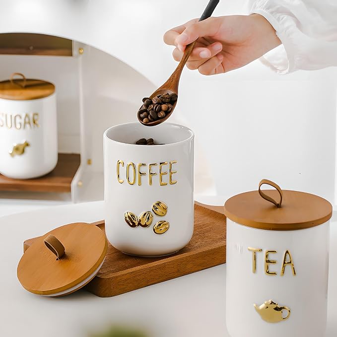 YYW Kitchen Canisters for Countertop, White Airtight Ceramic Canister with Seal Wooden Lid Storage Container for Coffee Bean Ground Coffee Sugar and Tea (Three piece)
