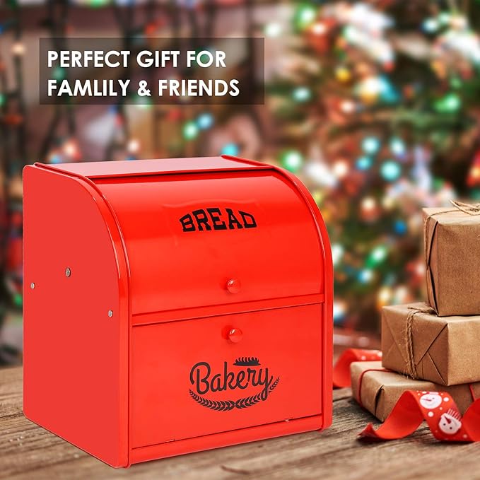 Widousy 2 Layer Metal Bread Boxes, Bread Box Storage Bin Kitchen Container with Roll Top Lid Iron Countertop Containers Metal Food Storage Bread Keeper Large Capacity Home Kitchen Counter（Red）