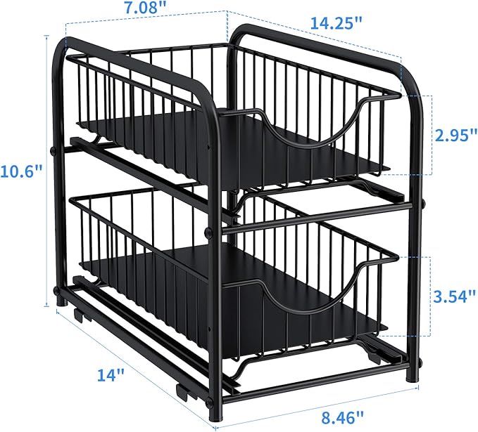 Pull-out Cabinet Organizer, Stackable 2-tier Under Sink Rack, with Sliding Storage Drawer for Pantry, and Desktop, for Bathroom, Kitchen, Office, Black