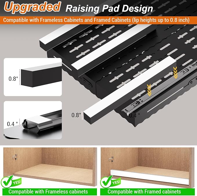 Pull Out Cabinet Organizer, Expandable Width (12"-18") Depth (13"-23") with 3-Slide Rails, No Drill Adhesive Pull Out Drawers for Kitchen and Pantry Cabinets, for Both Lip and Lip-Free Cabinets,Black
