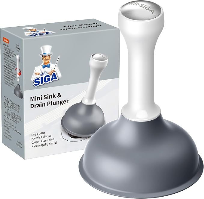 MR.SIGA Mini Drain Plunger, Sink Drain Plunger with Strong Suction, Compact Design, Powerful Small Plunger for Bathroom Sinks, Kitchen Sinks, Tubs, Shower Drains, Length 6.3 Inch(16 cm), White & Gray