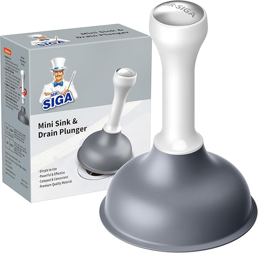 MR.SIGA Mini Drain Plunger, Sink Drain Plunger with Strong Suction, Compact Design, Powerful Small Plunger for Bathroom Sinks, Kitchen Sinks, Tubs, Shower Drains, Length 6.3 Inch(16 cm), White & Gray