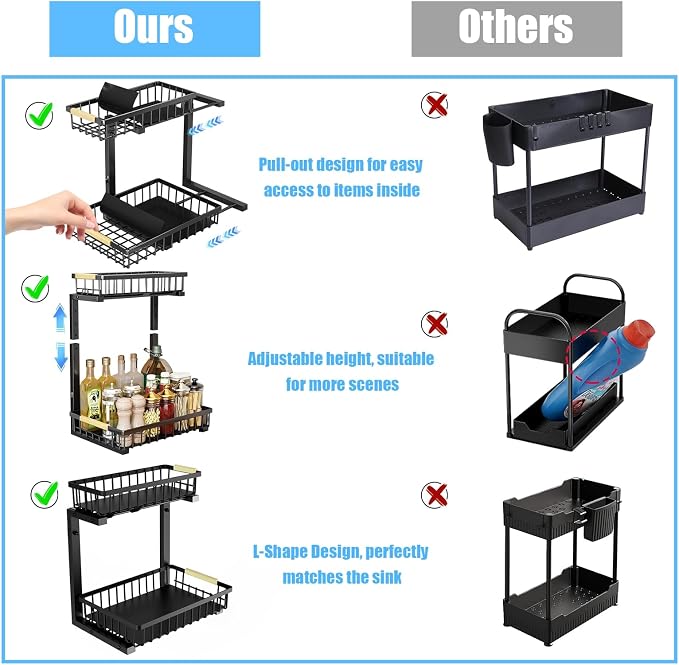Under Sink Organizer and Storage: 2-Tier Adjustable Height Under Sink Bathroom Organizers Multi-Purpose Bathroom Cabinet Pull Out Drawers for Kitchen with Hooks (Black)