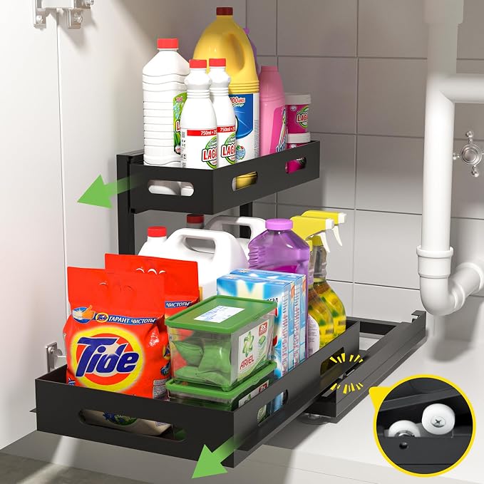 Under Sink Organizers and Storage, 2-Tier Sliding Under Sink Organizer, Under Cabinet Storage, Multi-Purpose Slide Out Sink Shelf, Under the Sink Organizer for Bathroom, Kitchen (Black)