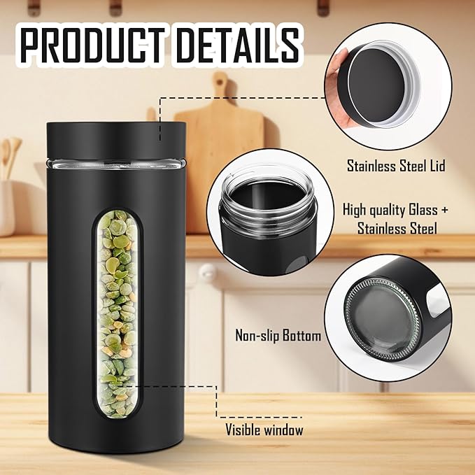 Mimorou 3 Pcs Stainless Steel Canister Set with Glass Windows Visible Storage Jars Silver Kitchen Canister Set for Pasta Flour Oat Sugar Container, Kitchen Tools, Housewarming Gifts(Black,44 oz)