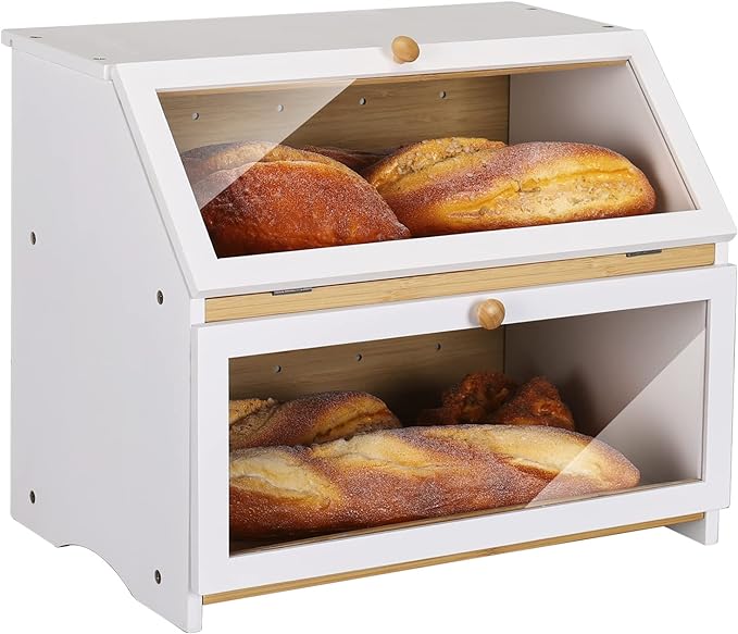 HOMEKOKO Double Layer Large Bread Box for Kitchen Counter, Wooden Large Capacity Bread Storage Bin (White)