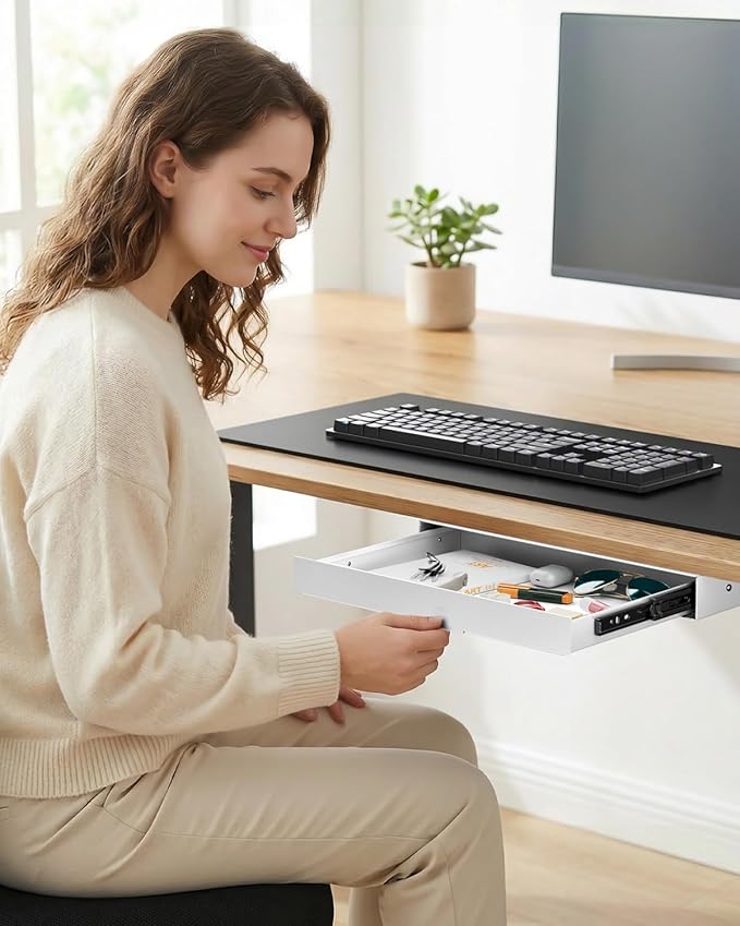 PUTORSEN Under Desk Storage Drawer 14.8" Wide - Smooth Slide Out Organizer for Standing Desk & Home Office, Max Load 17.6 lbs, Quiet Glide, White