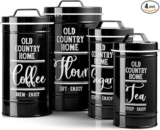 DAYYET Black Canisters Sets for the Kitchen, Airtight Kitchen Canisters for Countertop, Flour and Sugar Containers, Tea Coffee Sugar Canister Set, Black Kitchen Decor and Accessories, Set of 4