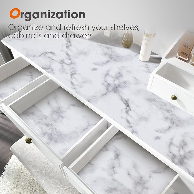 Drawer and Shelf Liner, Non-Slip Kitchen Cabinet Liners Non-Adhesive Thick Strong Grip Waterproof Washable Mats Protect Dresser Shelves Cupboard Bathroom Cabinets, White Marble, 18 in X 10 FT