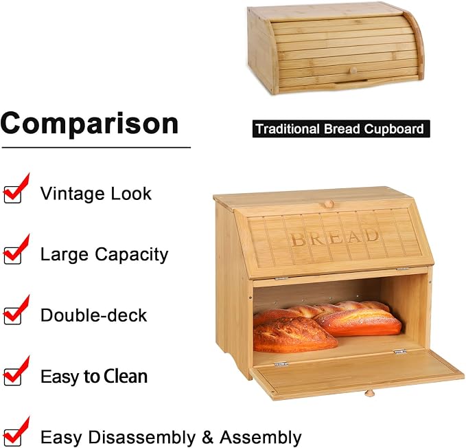 HOMEKOKO Vintage Double Layer Large Bread Box for Kitchen Counter, Retro Design Wooden Large Capacity Bread Storage Bin (Natural Bamboo)
