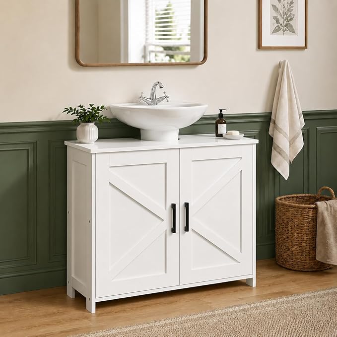 Pedestal Sink Storage Cabinet, Bathroom Organizer for Small Spaces, Freestanding Under Sink Cabinet with Adjustable Shelf and Double Doors, 11.8" D x 31.5" W x 23.6" H, Black