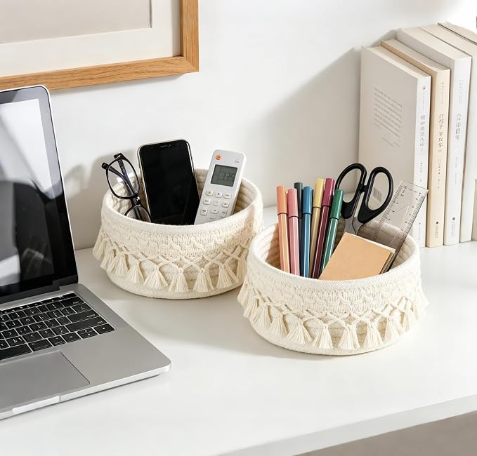 Mkono Macrame Makeup Brush Holder Organizer Comb Brushes Mini Storage Basket Set of 2 Boho Decor Baskets for Pen Pencil Box Container, Small, Ivory