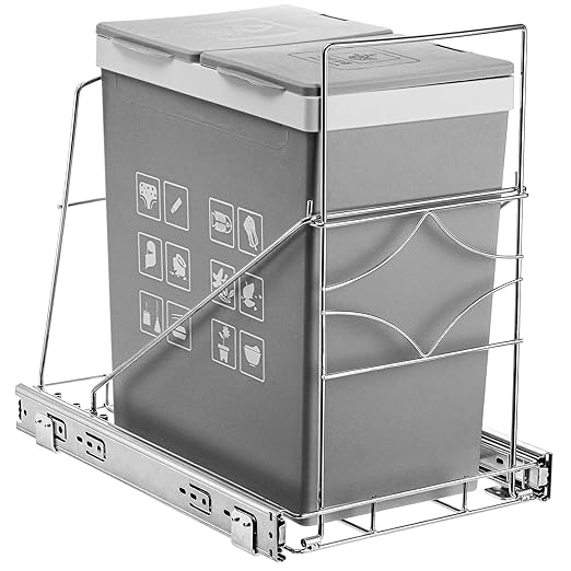 Youeon Pull Out Trash Can Under Cabinet, Adjustable Stainless Steel Under Sink Trash Can Pull Out, Slide Out Garbage Shelf, Fit for 7-11 Gallon Trash Can(Not Included)