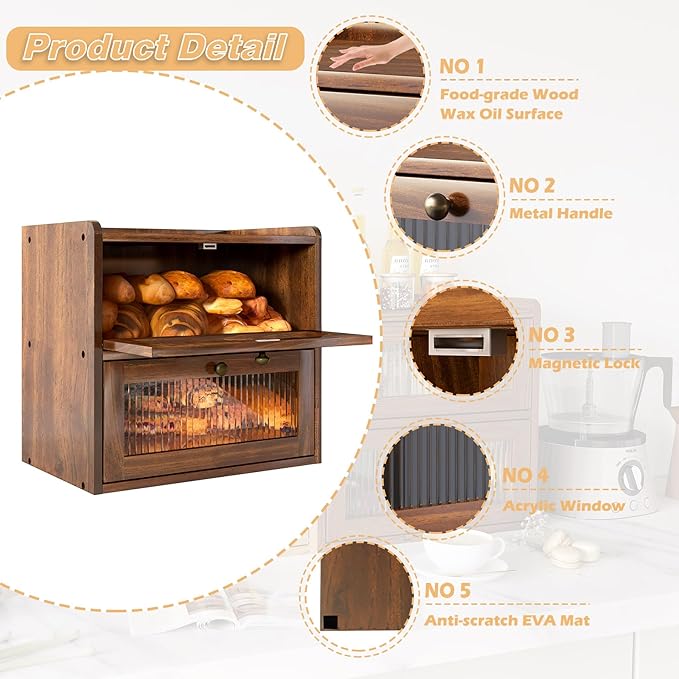 Alpeir Double Layer Large Bread Box for Kitchen Countertop, Retro Brown | Ventilation Hole, Longer Fresh, Natural Wood, Fit Homemade Bread & Baked, Extra Top Storage, Acrylic Window, Farmhouse Style