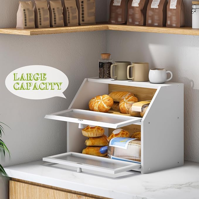 BMOSU Large Bread Box for Kitchen Countertop,Double Layer Bread Box for Kitchen Counter,Bamboo Wood Bread box Capacity Bin Storage(White)
