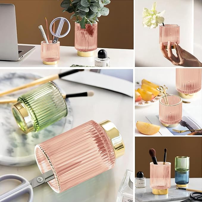 DASITON Makeup Brush holder Organizer,Crystal Cosmetic Makeup Brush Glass Brushes Storage Holder, Vintage Make Up Brush Cup Pen Pencil Holder striped vase(Pink L)
