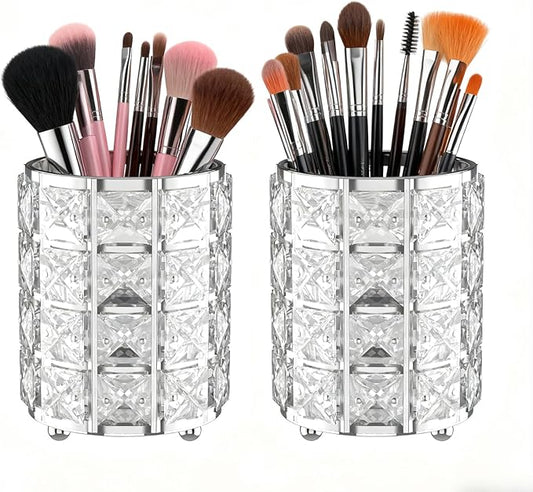 LUGUNU Makeup Brush Holder with Silver Crystal Bling – Elegant Vanity Organizer for Brushes, Pens & Pencils, Ideal for Bathroom or Office Countertop(2Pack)