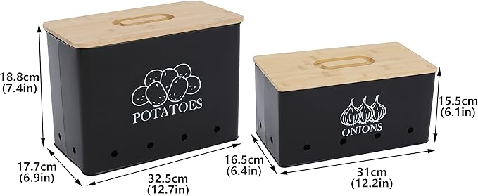Potato and Onion Storage Bin Set of 2, Vented Metal Vegetable Storage with Wooden Lids, Farmhouse Kitchen Canisters for Countertop Pantry Organizer, Potato Bin Onion Holder for Produce Storage, Black