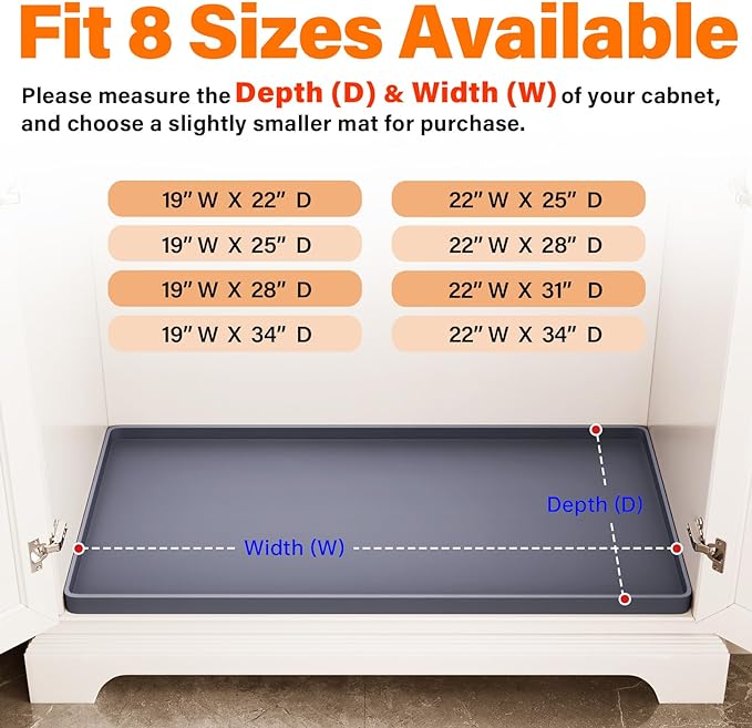 FLATO Waterproof Under Sink Mat 34" x 22" Shelf Liner for Kitchen and Bathroom, Cabinet Protector, Organizers and Storage, Flexible Silicone Drip Tray