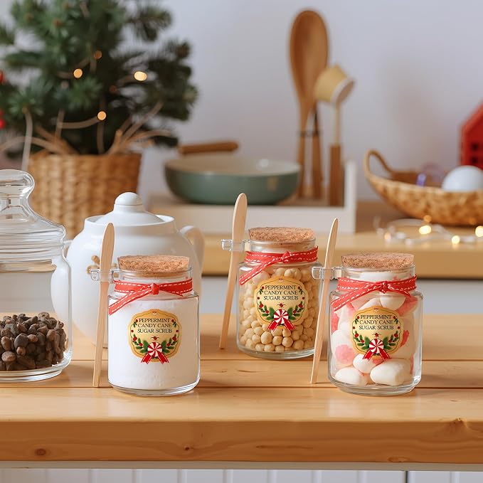 LemonRoad 16 Set Christmas Glass Scrub Storage Jars with Lid and Spoon 3.4 oz Large Capacity Glass Sugar Scrub Container Christmas Gift Xmas Canisters Sets for Winter Home Countertop DIY Idea