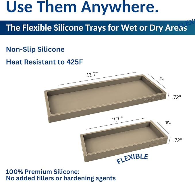 Spacewiser Countertop and Vanity Tray - 2 PC (11” and 7”) Shatterproof Silicone Kitchen and Bathroom Trays for Counter, Kitchen Soap Dispenser Tray, Vanity Trays for Bathroom, Perfume Key Tray