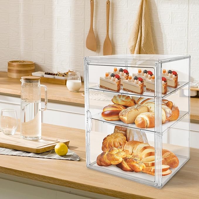 BOHOIDEE Extra Large 4 Tiers Clear Bread Box for Kitchen Counter, Acrylic Bread Keeper Stackable Storage Container Plastic Bread Bin Holder with Magnetic Door for Pantry Countertop