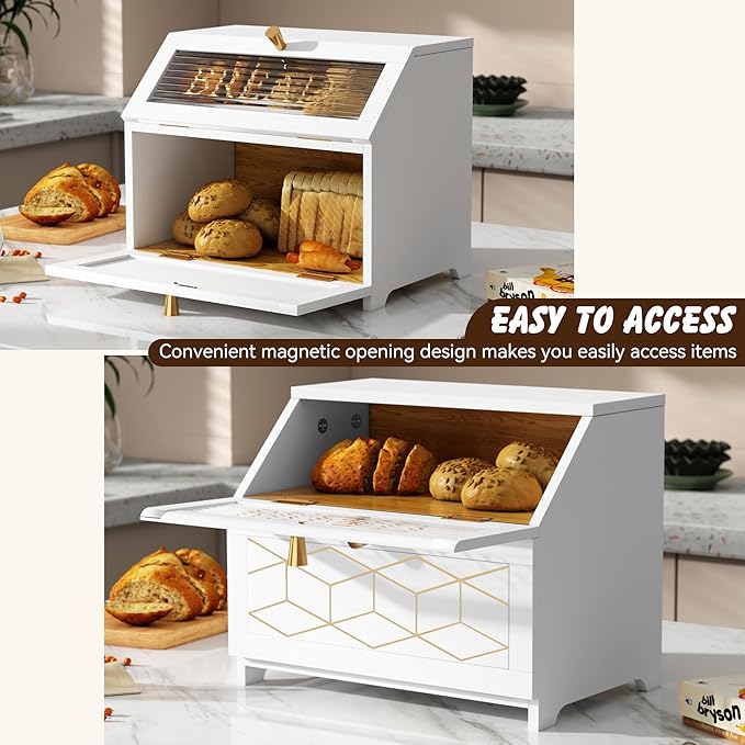 HOLTICO Double Layer Bread Box With Golden Trim for Countertop, Wooden Bread Container for Kitchen Counter, Corner Bread Storage (White)