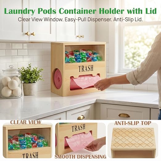 2-in-1 Trash Bag Dispenser & Dishwasher Laundry Pods Container, Large Wooden Trash Bag Holder with Magnetic Flip Lids, Garbage Bag Dispenser for Kitchen Pantry Laundry Room Under Sink Organizer