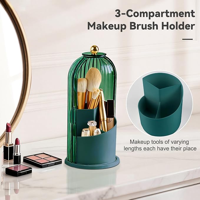 Hvygss 360° Rotating Makeup Brush Holder with Lid, Waterproof Three-Compartment Makeup Organizer, 180° Side-Pull Door Desk Organizer, Dustproof Brush Holder for Vanity and Bathroom (Green)