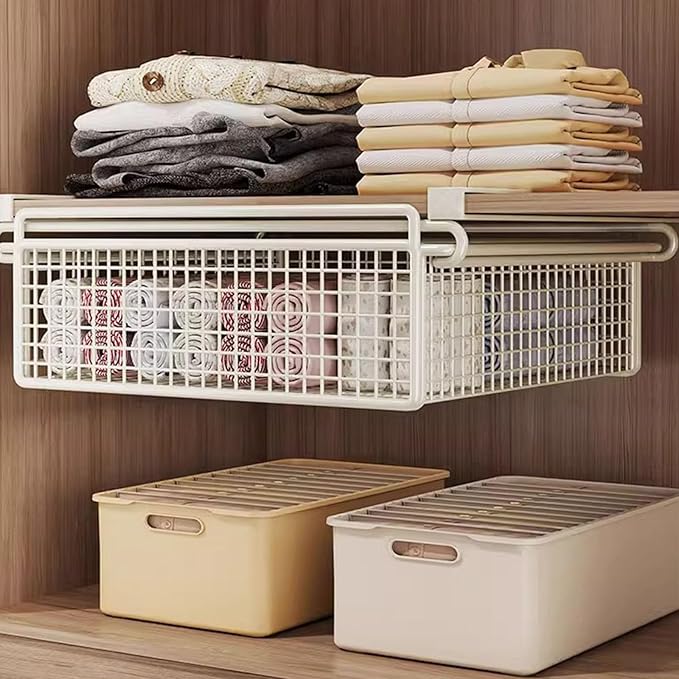 Cabinet Organizing Bin Under Shelf Storage Basket Hanging Pullout Drawer Multifunction Bedroom Clothing Pull Out Basket Rust Closet Storage