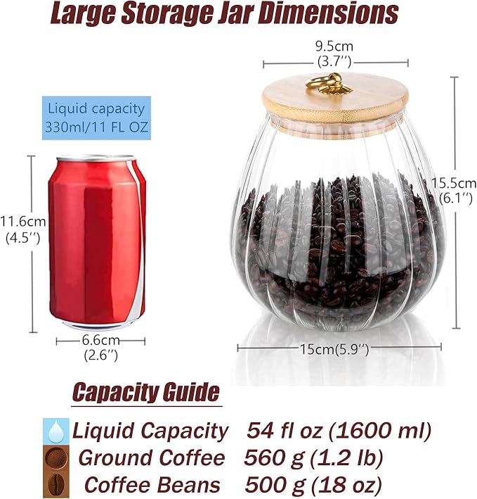 FANTESTICRYAN Glass Coffee Nuts Canister Airtight Storage Jar Petal Decorative Container with Bamboo Lid Metal Handle Easy to Grasp 1600ml, 54 FL OZ (Large Oval)