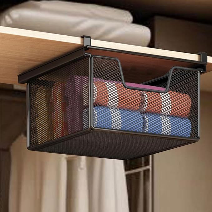 under Shelf Basket Organizer Practical Versatile Black Hanging Holder Storage for Office Cupboard under Desk Wardrobe Counter, Length 46 cm
