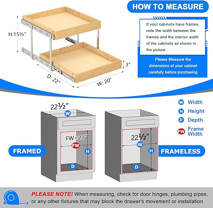 WelFurGeer 2-Tier Pull Out Cabinet Organizer with Soft Close Slides, Heavy-Duty Pull Out Drawers for Cabinets, Slide Out Shelf for Kitchen, Bathroom, Pantry & Under Sink, Solid Birch Wood