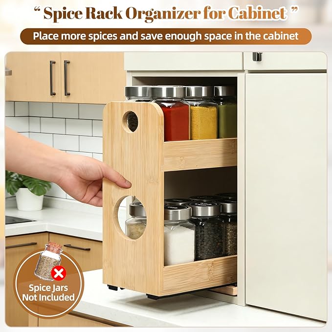 Tfro & Cile Pull Out Spice Rack Organizer for Cabinet 2-Tier Vertical Bamboo Slide Out Seasoning Organization for Kitchen Pantry