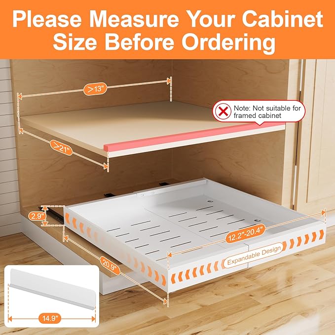 YJHome 2 Pack Pull Out Cabinet Organizer, No Drill Expandable Width 12"-20" & 21" Depth, Adhesive or Screw-In Installation, Magnetic Divider for Custom Storage, for Kitchen Pantry Bathroom Cabinet