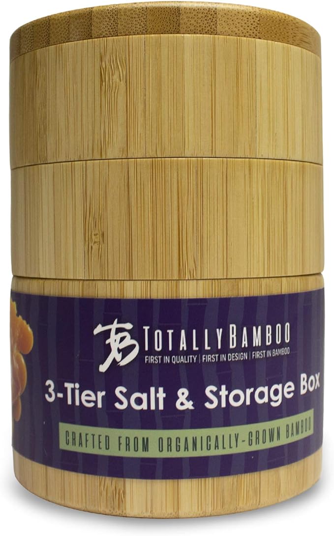 Totally Bamboo Triple Salt Cellar, 3 Tier Bamboo Salt and Pepper Container with Magnetic Swivel Lids, Seasoning Box for Herbs and Spices, 1⅓ Cup