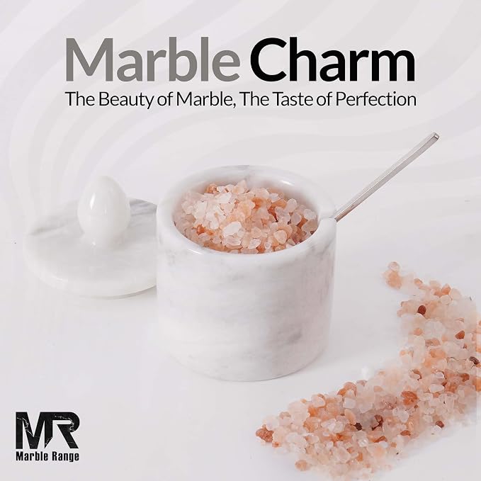 Marble Salt Cellar with Lid – White 4 Inch Table Salt Container, Salt Jar, Salt Dish, Salt Holder, Spice Jar, Sugar Bowl, Seasoning Container, Salt Dispenser for Kitchen Countertop