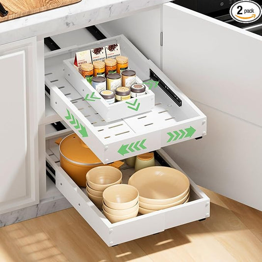 2 Pack Pull out Cabinet Organizer, Width (10"-16") Depth (17"-25"), with 3 Rails Adjustable Slide, Expandable Pullout Drawers for Cabinets, No Drill Adhesive Kitchen Drawers for Pantry Shelves