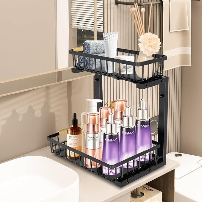 Under Sink Organizer and Storage: 2-Tier Adjustable Height Under Sink Bathroom Organizers Multi-Purpose Bathroom Cabinet Pull Out Drawers for Kitchen with Hooks (Black)