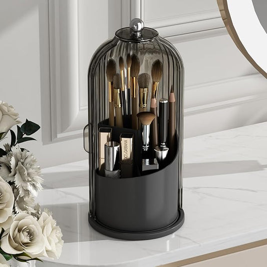 GAXmi Makeup Brush Holder with Lid Rotating Cosmetic Organizer, Black-Grey | 360 Rotation, Waterproof, Dustproof, Moistureproof