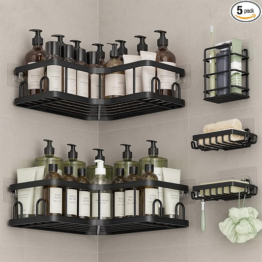 Veken Corner Shower Caddy 5-Pack, Advanced Rustproof Design, No Drilling Adhesive Shelves, Rack with Soap Holder, Large Capacity Bathroom Organizers and Storage, Wall-Mounted Kitchen&Home Decor,Black